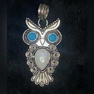 Silver Blue chalcedony and moonstone Owl Pendant